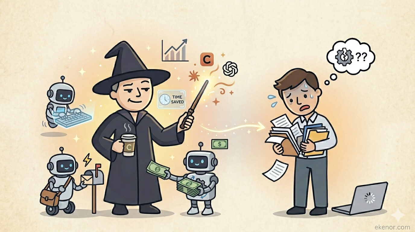 A wizard with AI agents as a magic wand, facing a muggle struggling alone