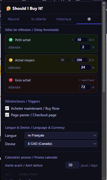 Settings — configurable delays and thresholds